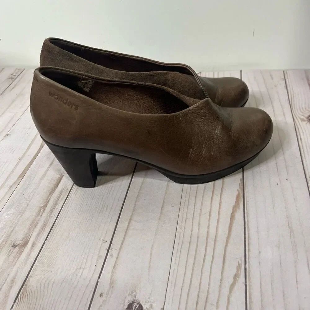 Wonders Brown Leather Suede Comfort Pumps Heels